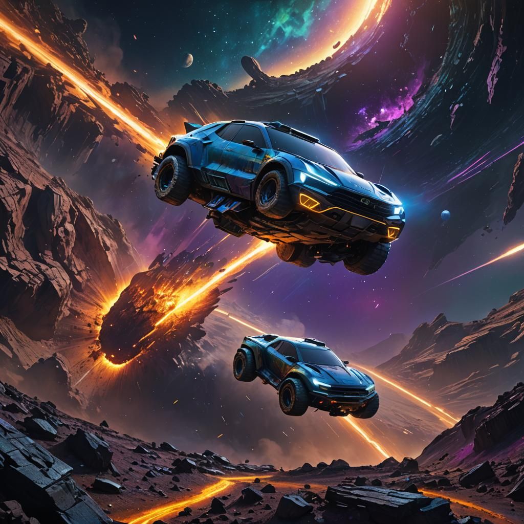 Futuristic Car Soars Over Asteroid Near Black Hole