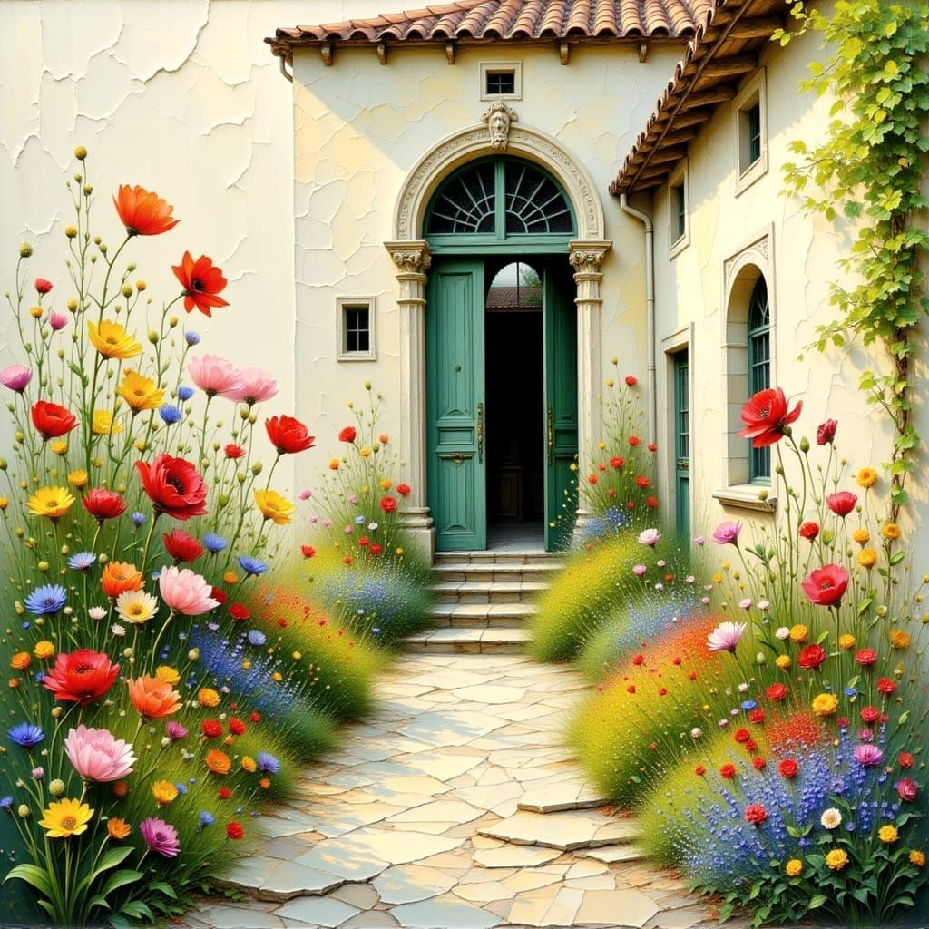 English Cottage Walled Garden in Vibrant Spring Colors