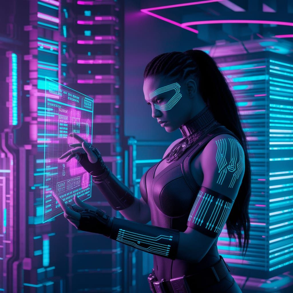 Cyberpunk Amazonian Hacker in Neon Data Haven