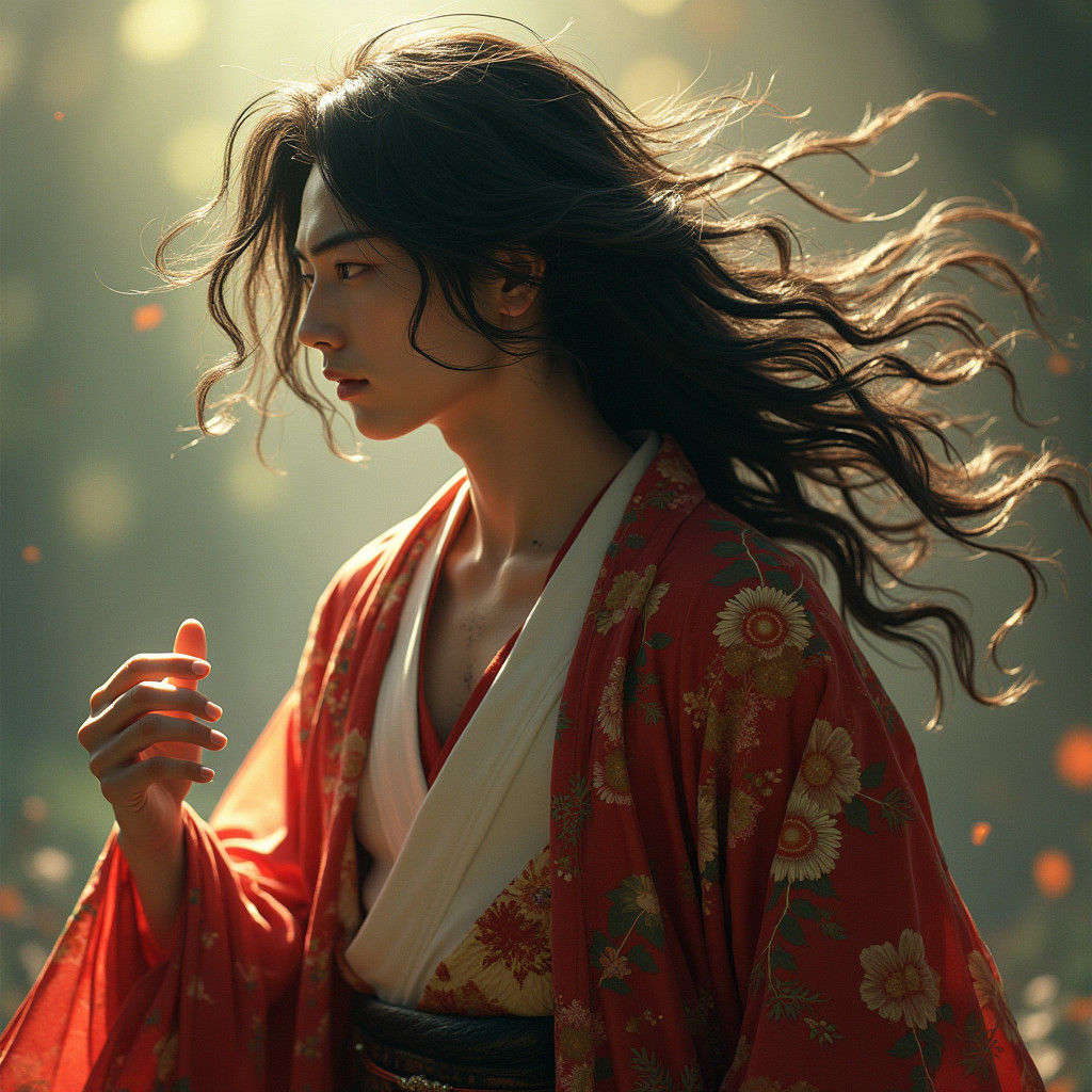 Manga-Inspired Man in Kimono, Cinematic Style