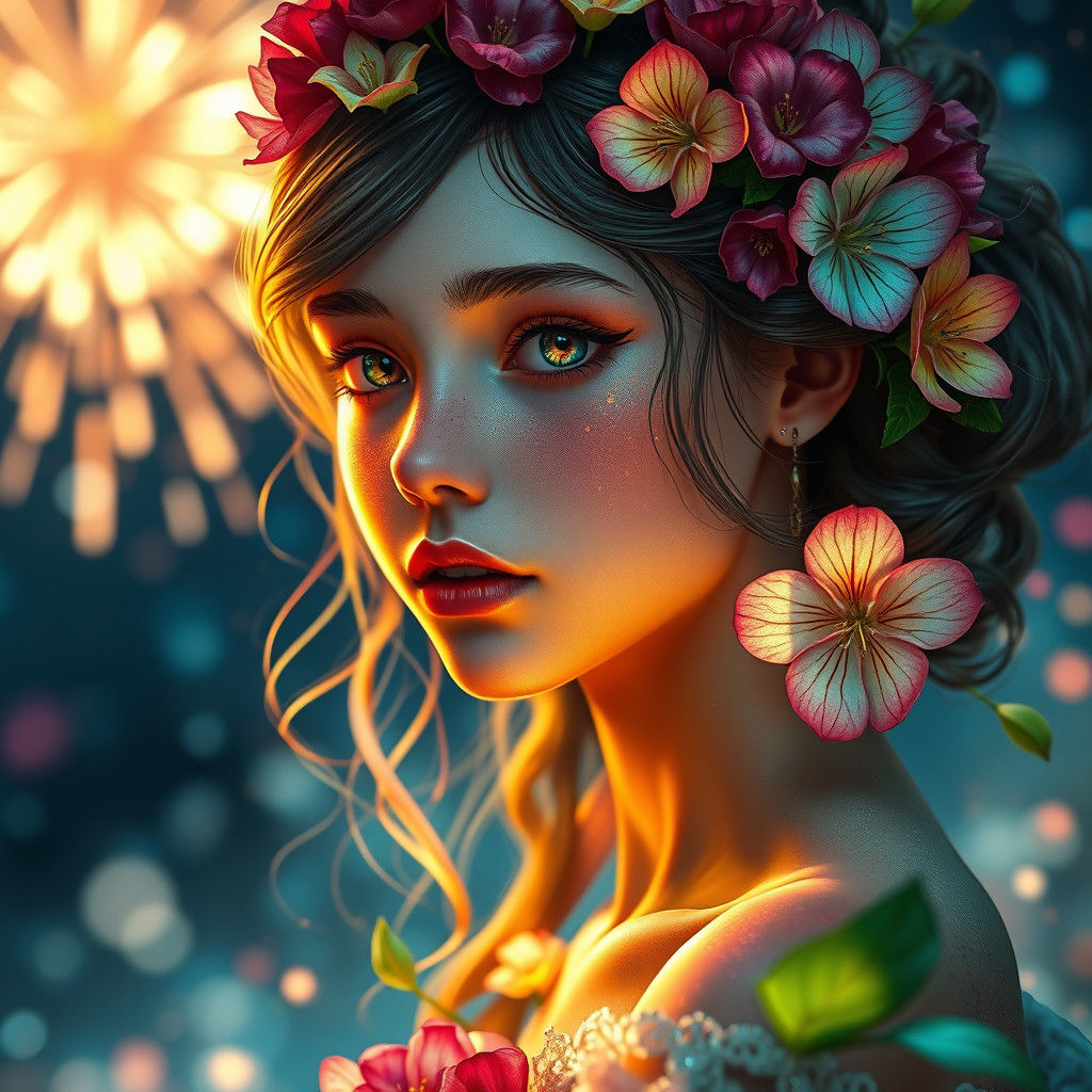 Fantasy Flower Girl Portrait with Fireworks