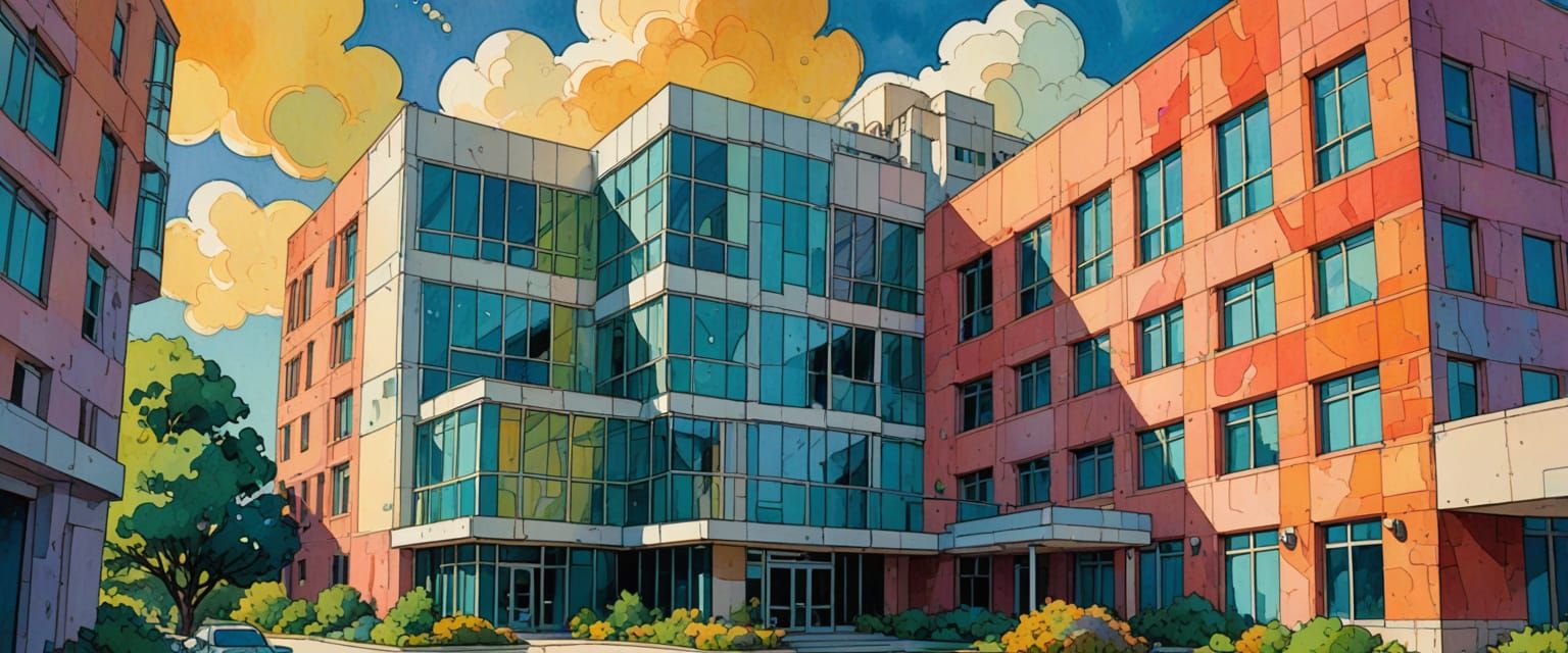 Hospital Building in Comic Book Watercolor Style