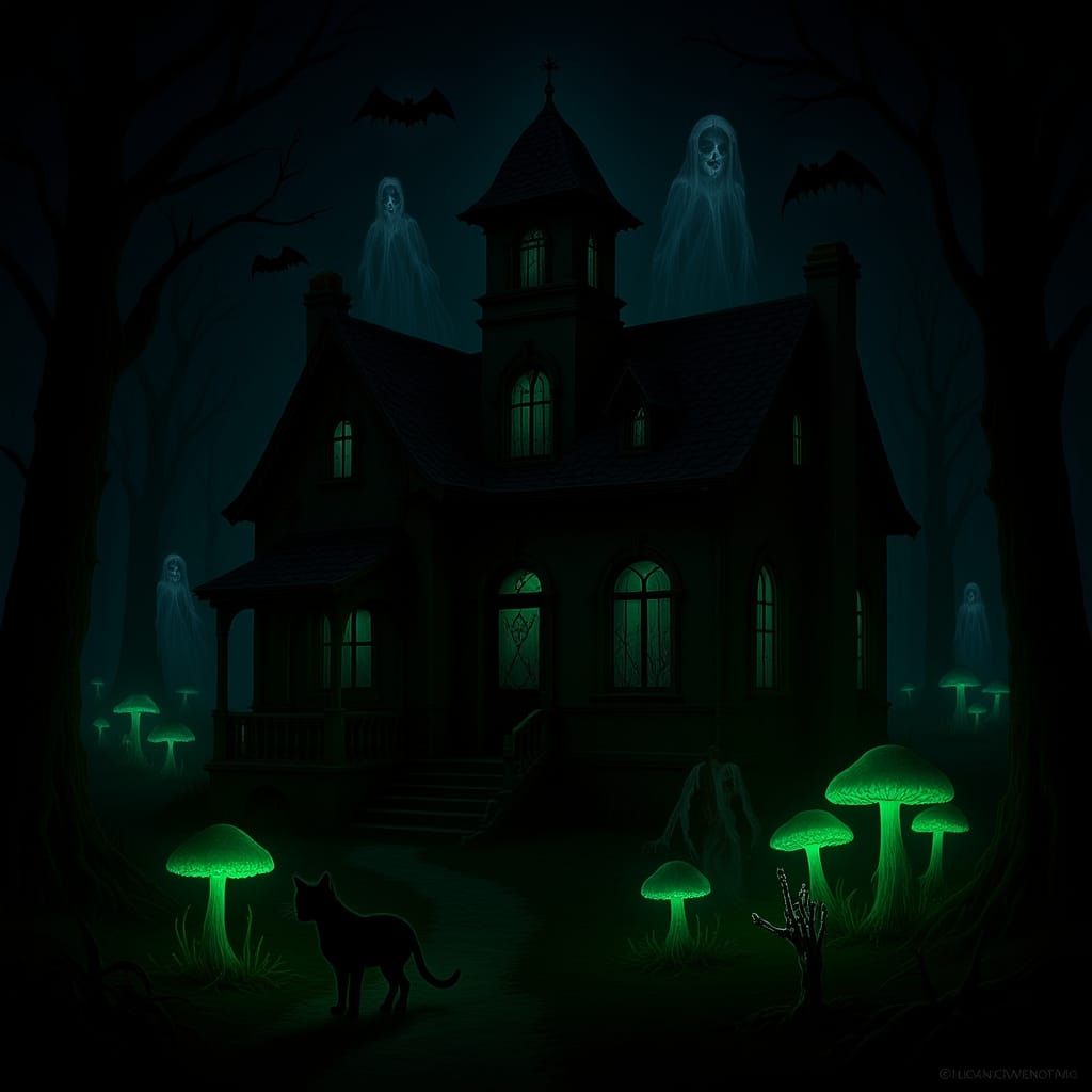 Victorian Haunted Mansion in Cemetery at Night