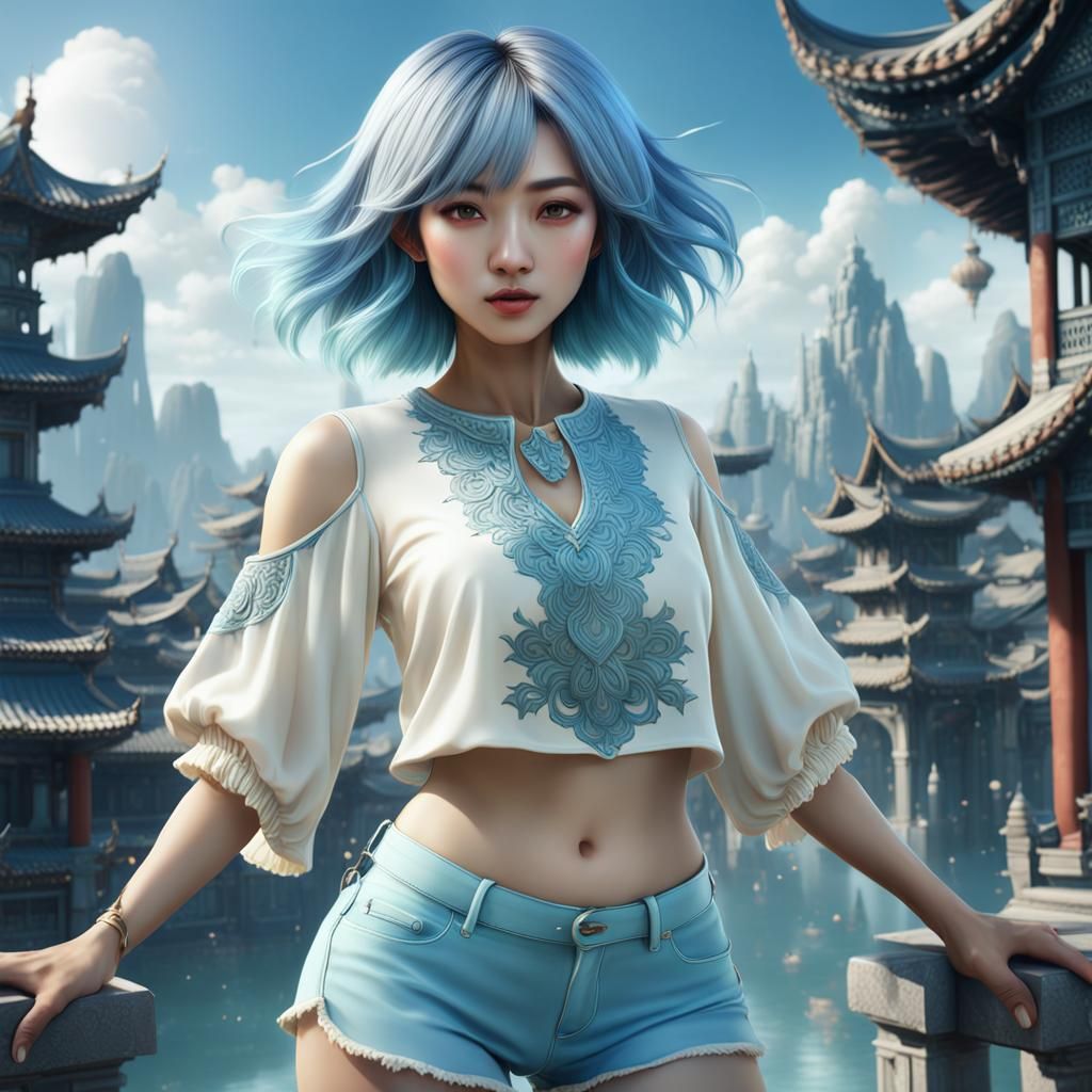 Beautiful Asian Girl with Light Blue Hair