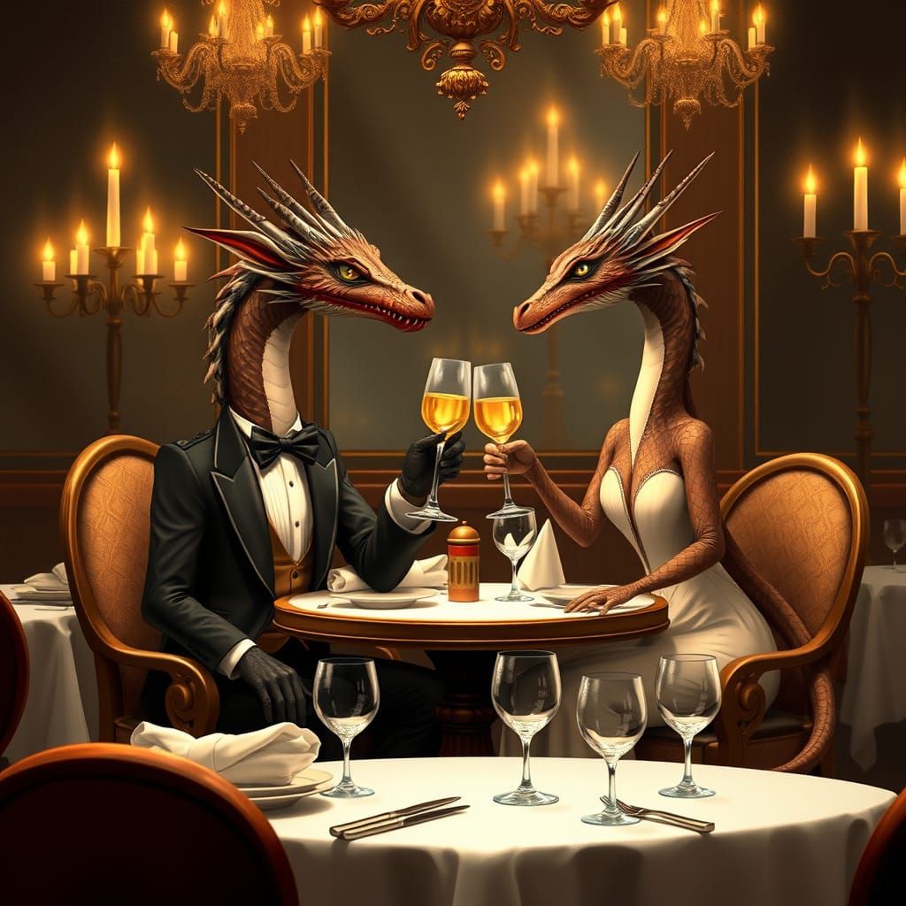 Dragon Couple Toasts in Elegant Restaurant Setting