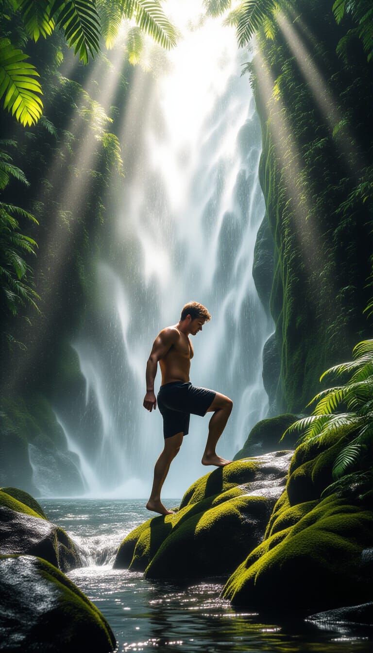 Man Climbs Mossy Rocks Near Glowing Waterfall