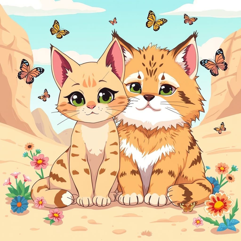 Sand Cat and Manul: Anime Best Friends in Desert
