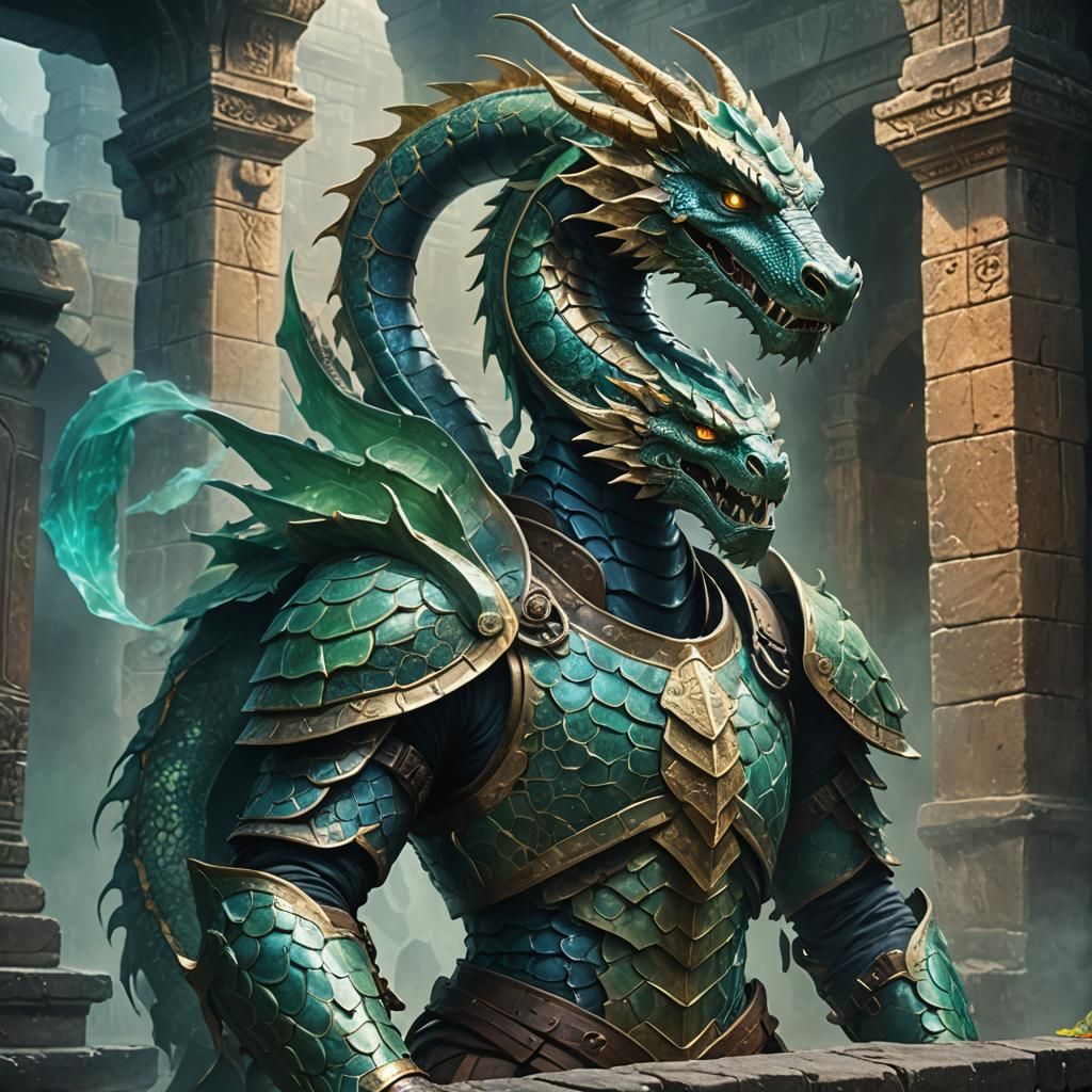 Armored Serpent Dragon in Ancient Temple: Fantasy Art