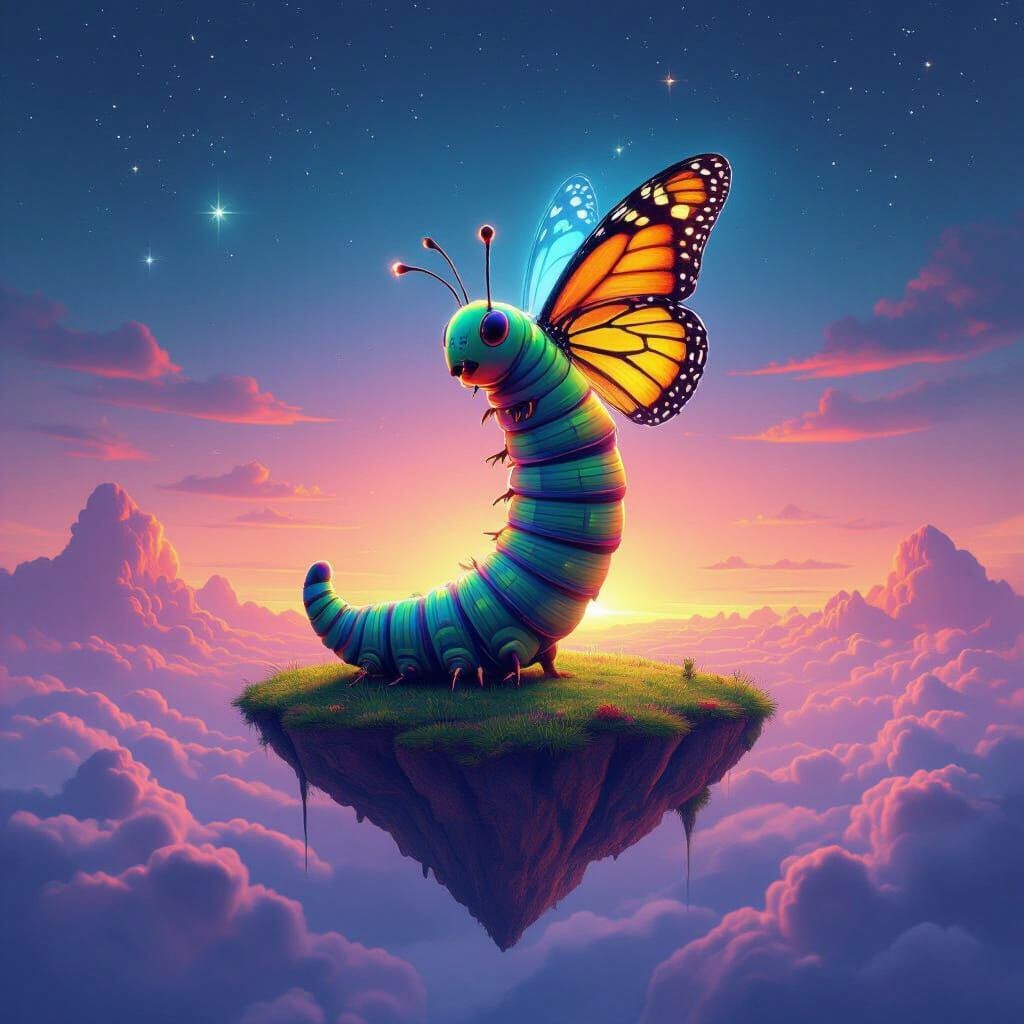 Surreal Caterpillar with Butterfly Wings in Neon Sky