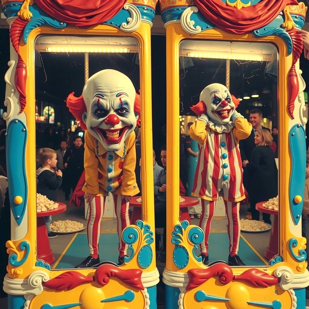 Distorted Clown Reflection in Carnival Funhouse Mirror