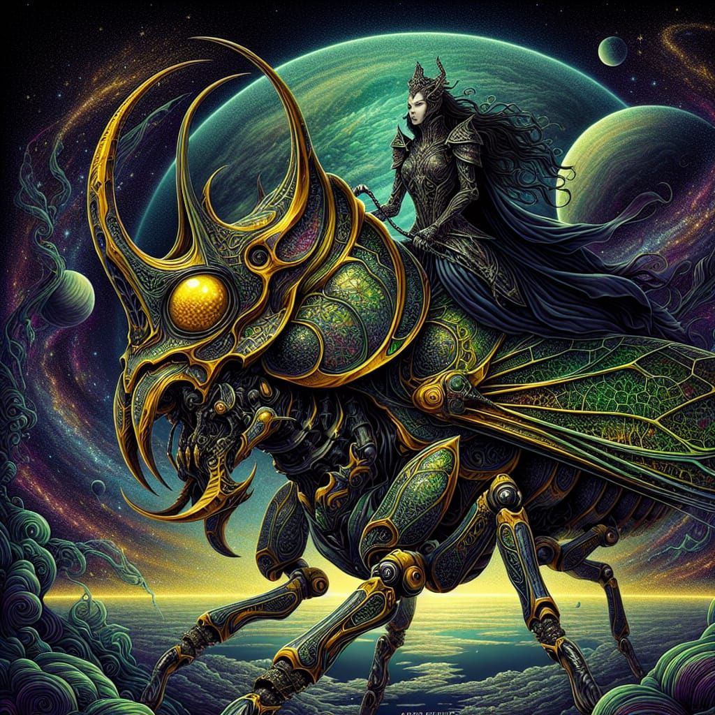 Gothic Insect Queen Riding Alien Creature