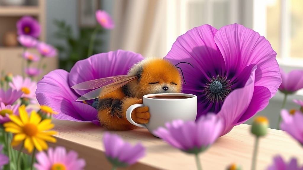 Bumble Bee Nap in Poppy Field, Cartoon Style