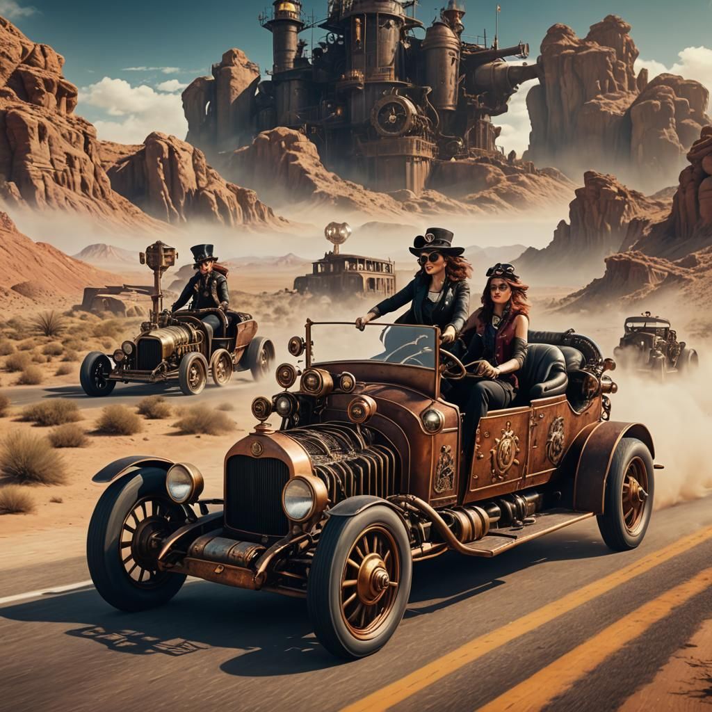 Steampunk Rat Rod with Women in Desert, Detailed Matte Paint...