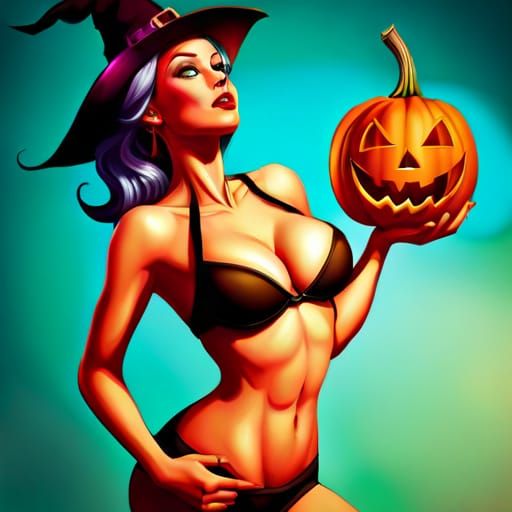 Halloween Pinup Witch with Pumpkin in Splash Art Style