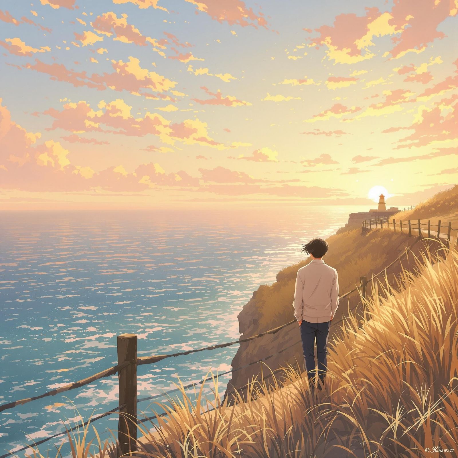 Anime Boy Gazing at Seaside Horizon in Shinkai Style