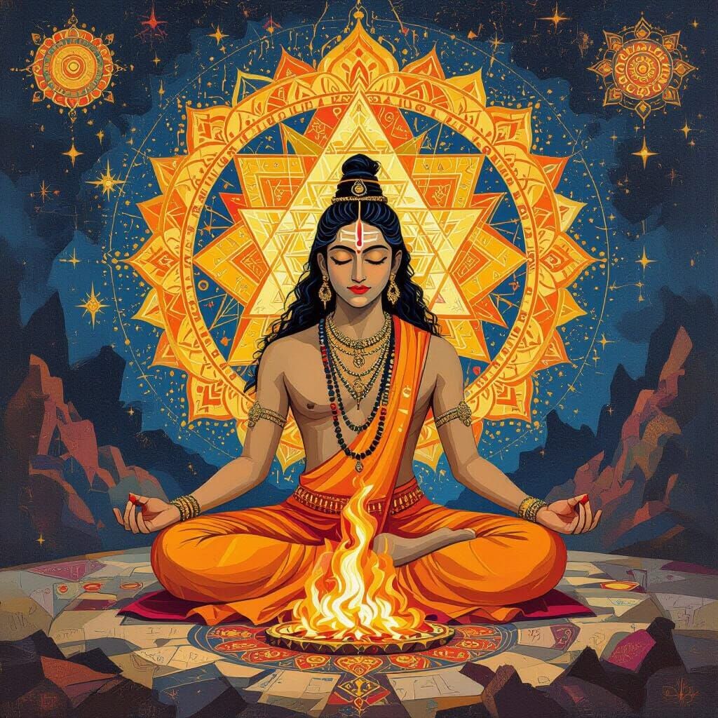 Surreal Yogi in Cosmic Battlefield, Picasso-Dalí Fusion