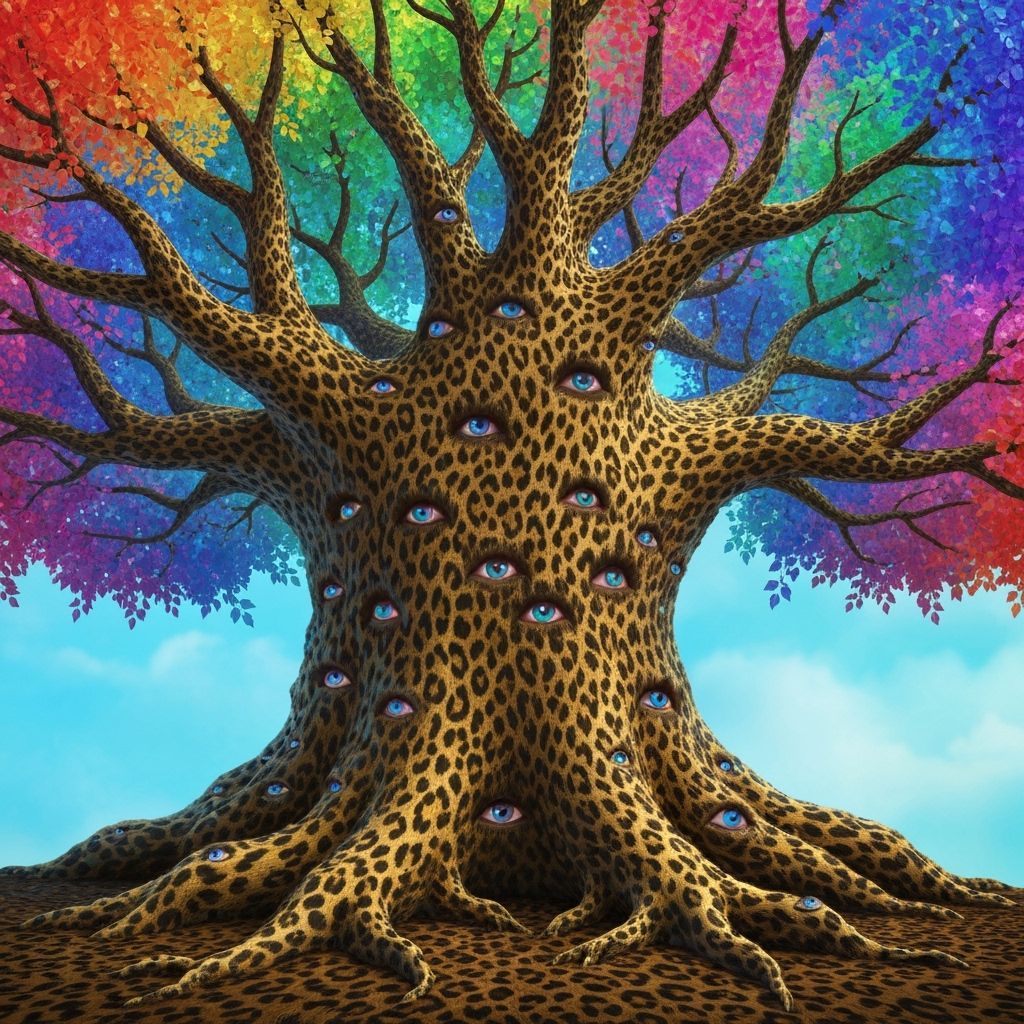 Magical Giant Tree with Eyes and Rainbow Leaves