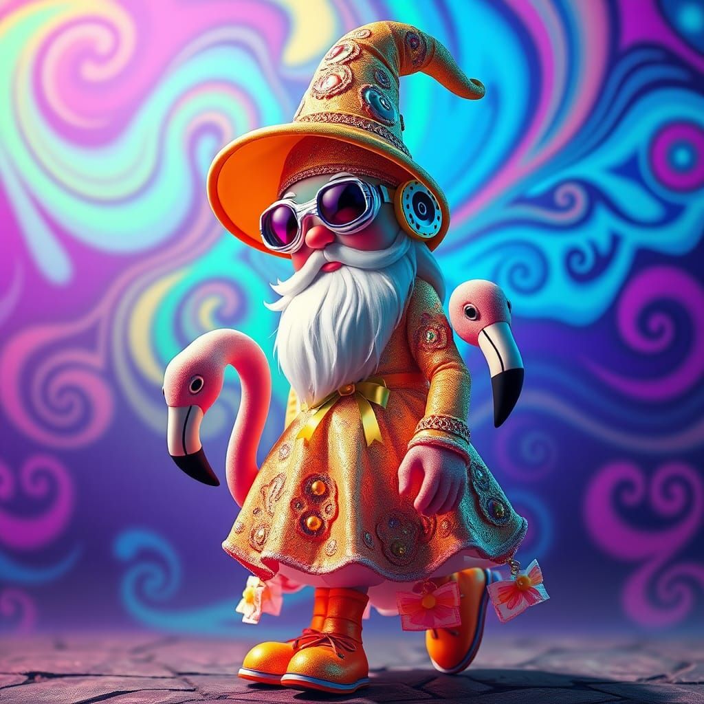 Gnome Walking Flamingo in Japanese Pop Surrealism