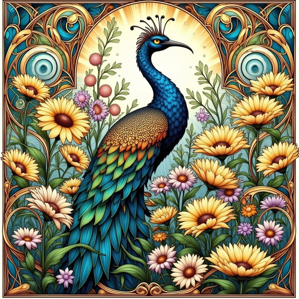 Vibrant Art Nouveau Garden Scene with Golden Filigree and Te...