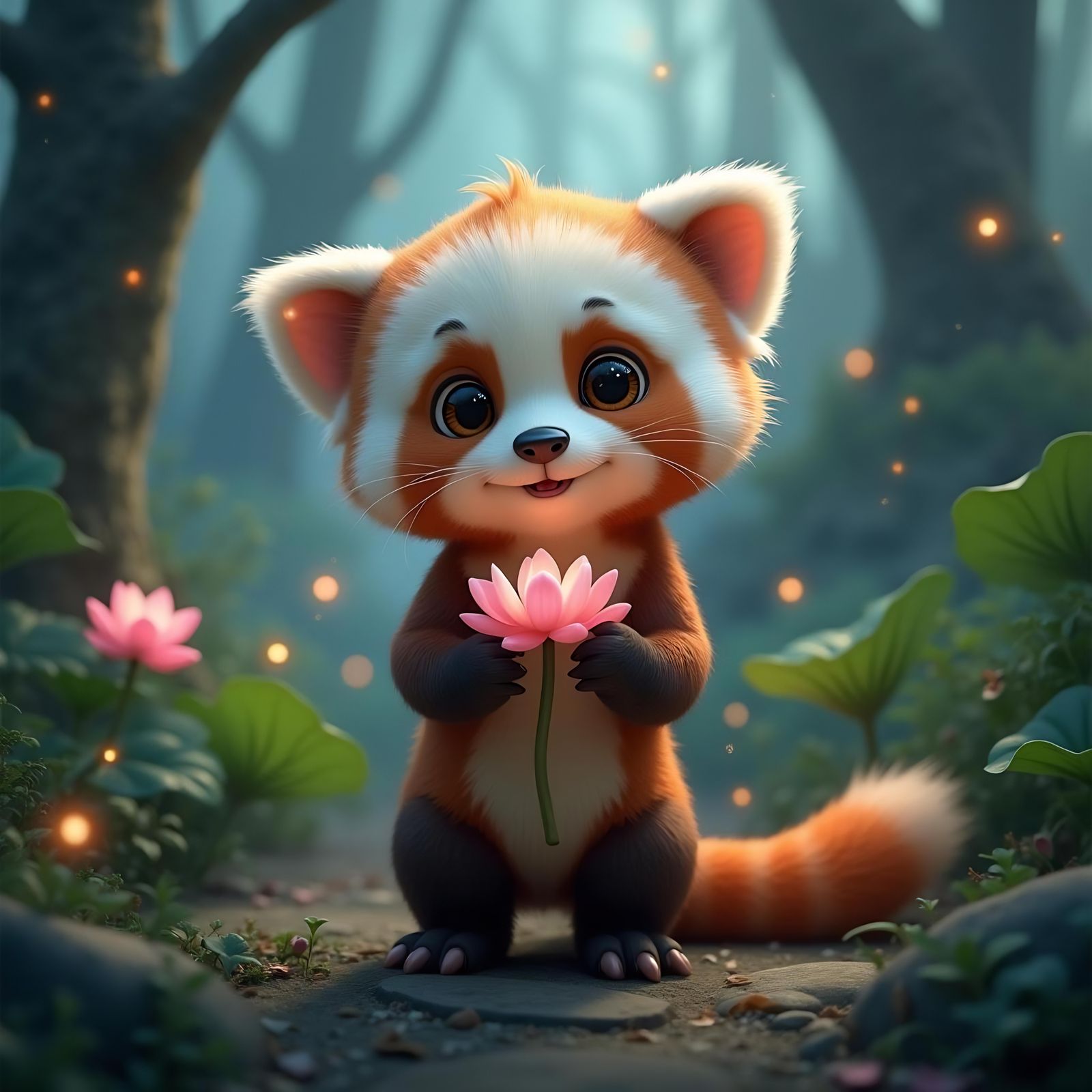 Cute Chibi Baby Panda Eating Bamboo in CGI Style