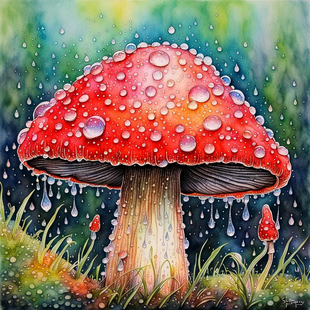 Detailed Ink Drawing of Dewy Red Mushroom