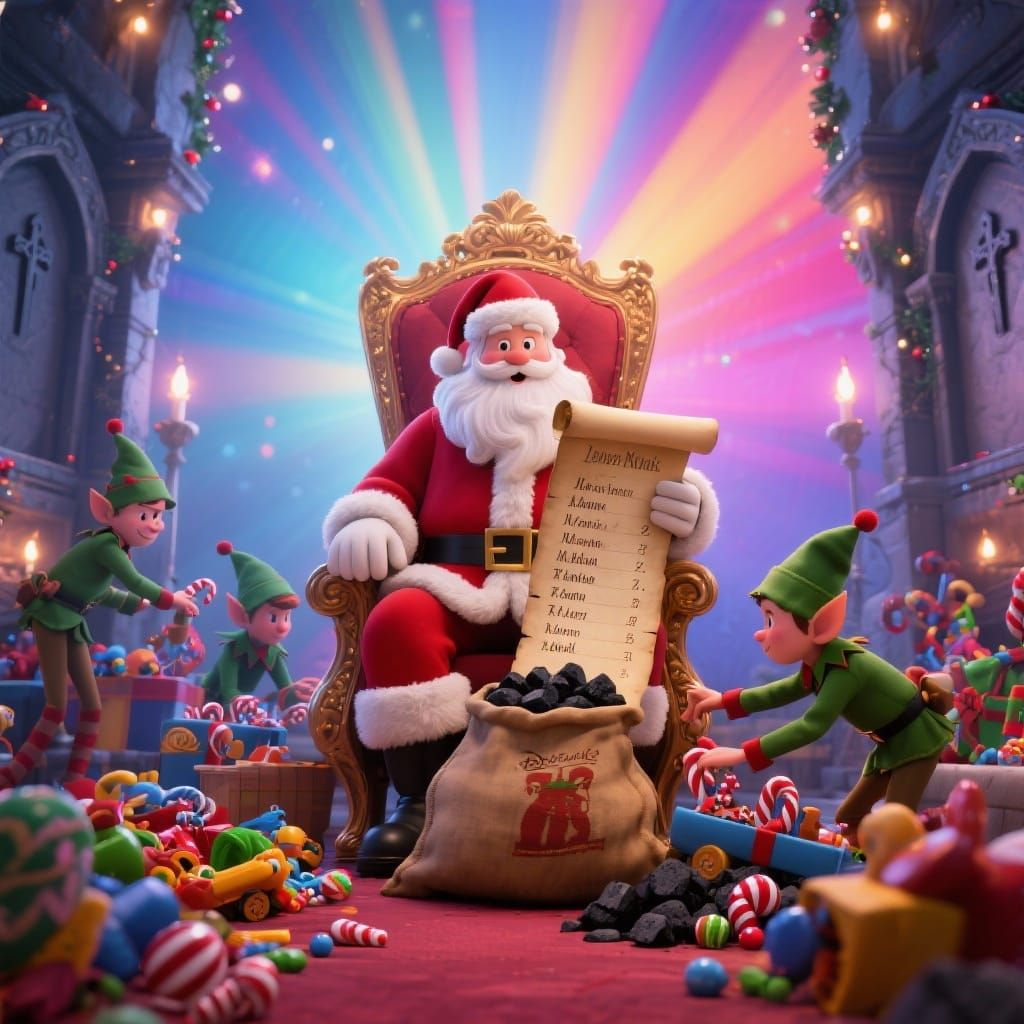 Santa Claus in Mausoleum with Elves and Gifts