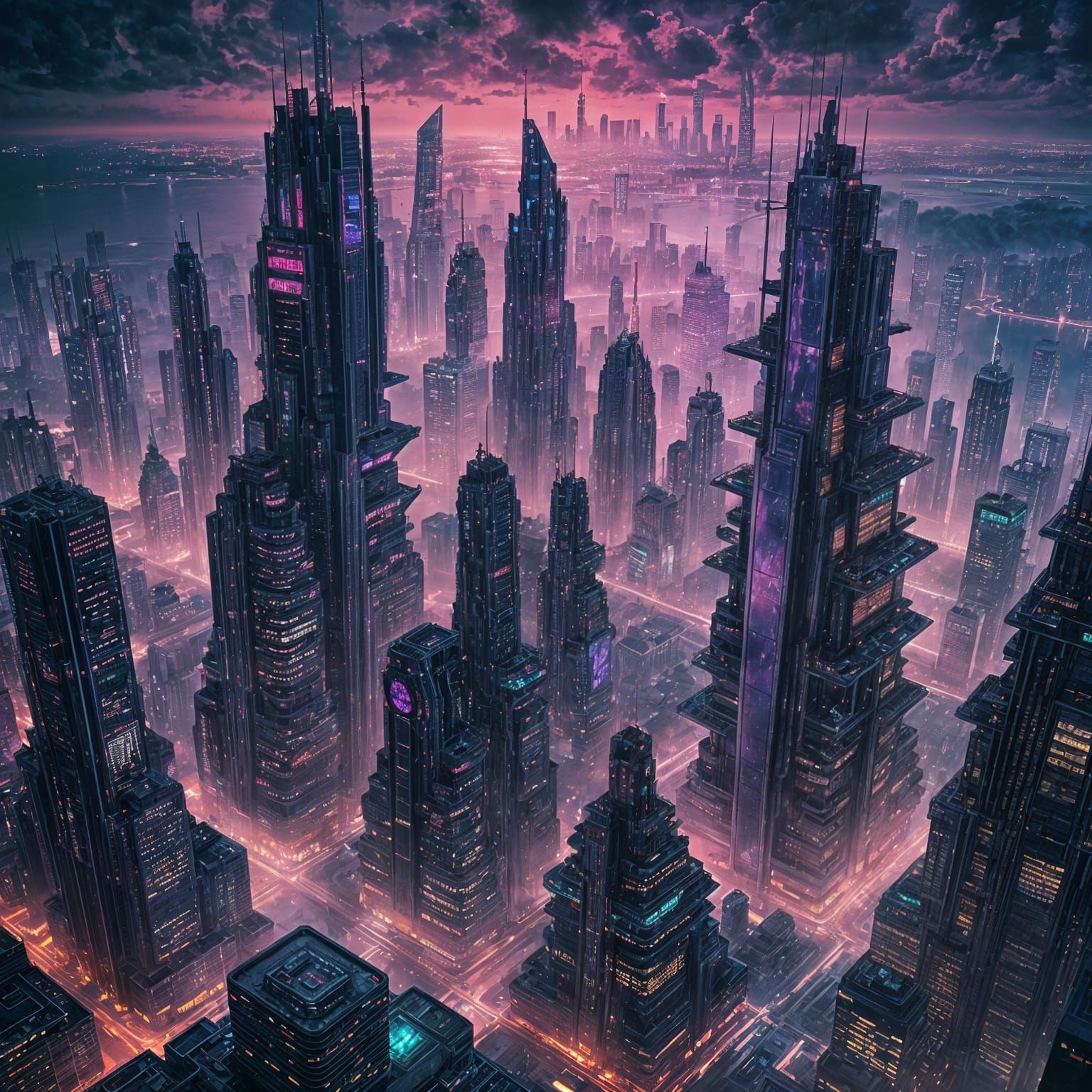 Cyberpunk Cityscape Floating Above Ocean at Night