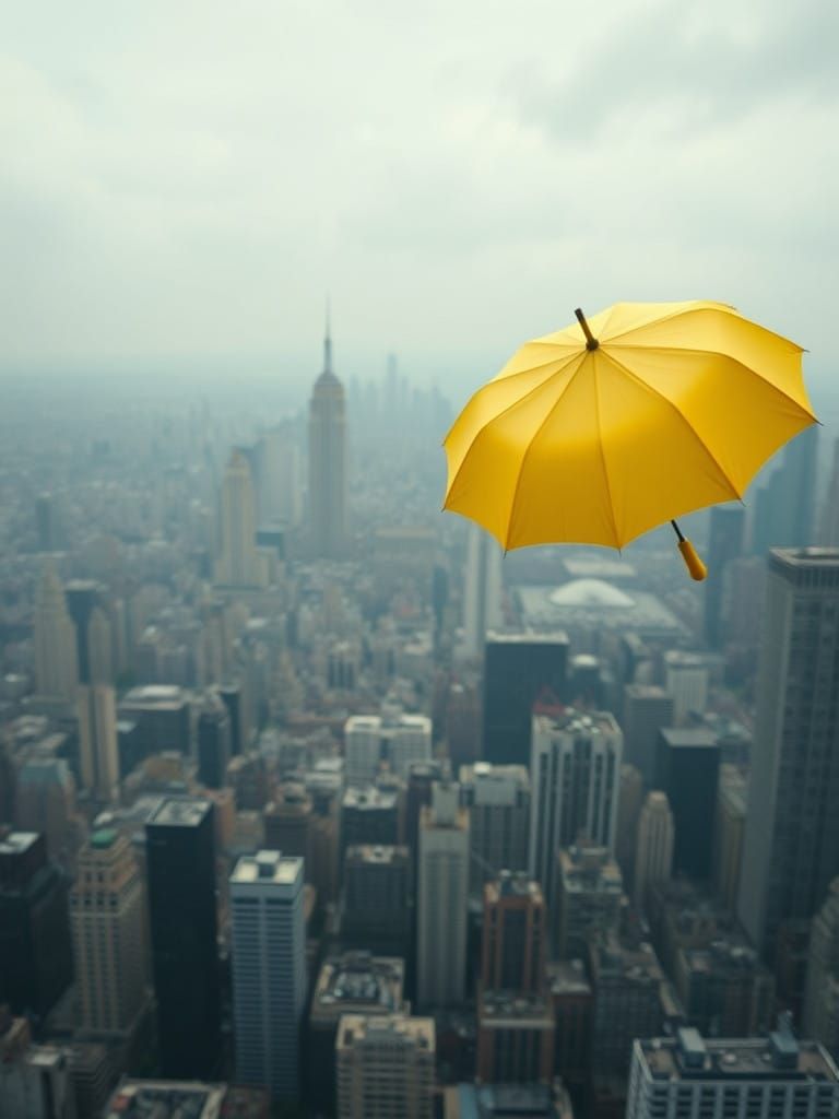 Surreal Cityscape Umbrella in Cinematic Style