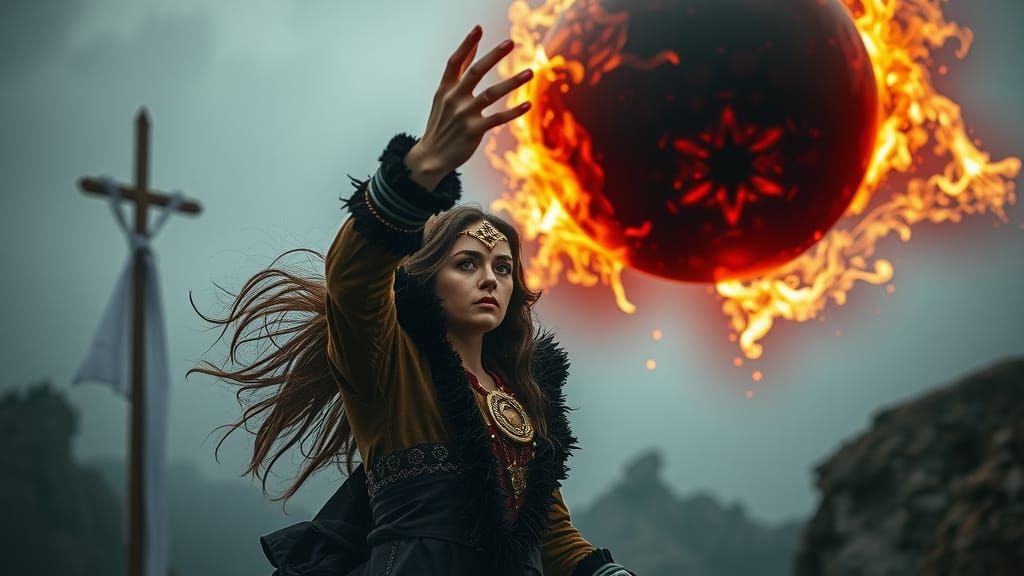 Sorceress Raises Magic Orb on Cliffside