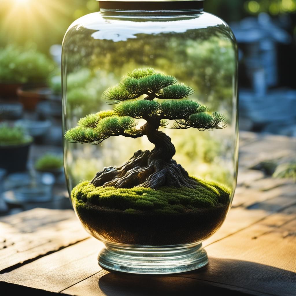Ethereal Japanese Garden Scene with a Tiny Pine Bonsai in a....