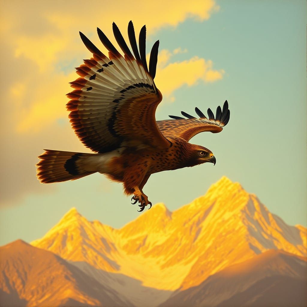 Surrealist Hawk in Golden Mountain Light