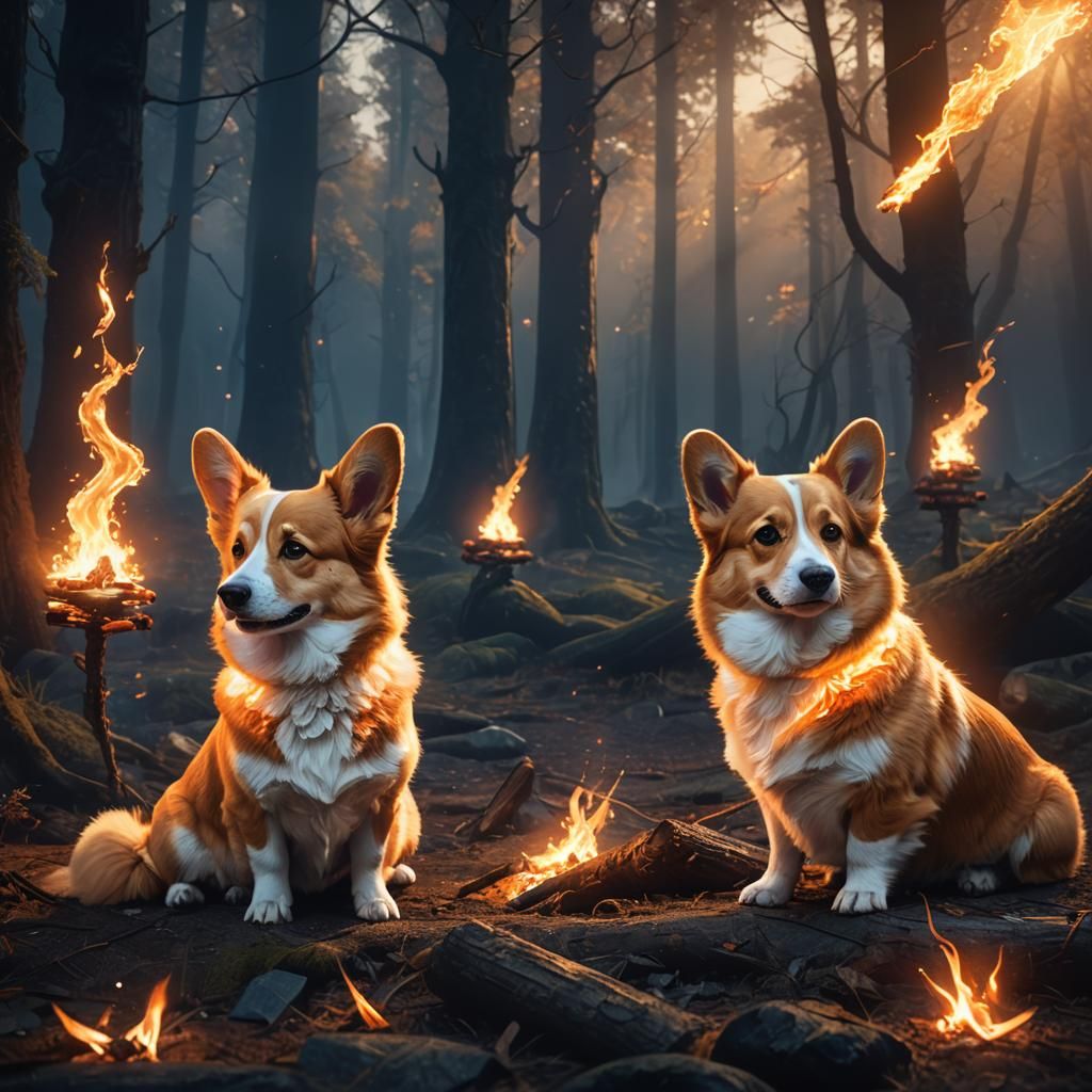 Corgis Around Mystical Fire: Fantasy Concept Art