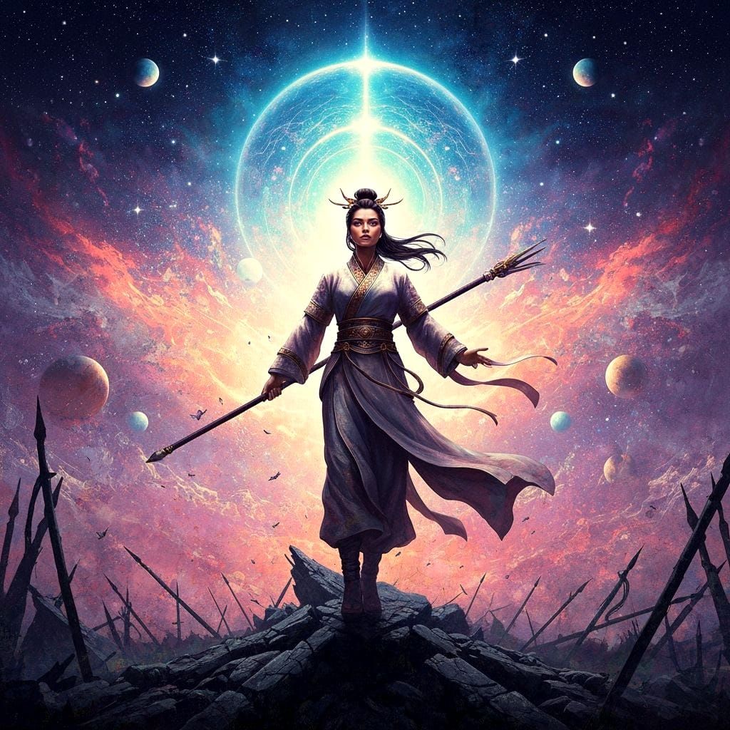 Victorious Warrior Queen in Astral Illustration