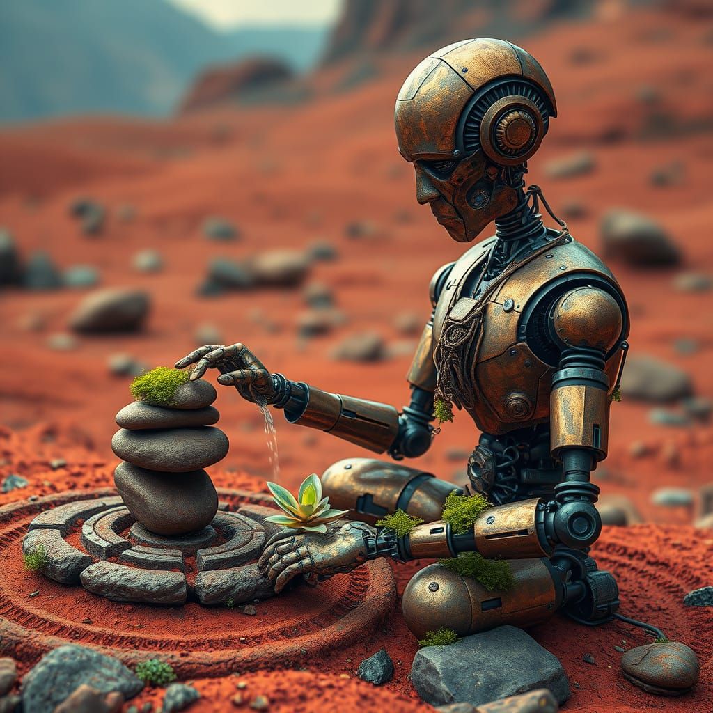 Elderly Robot Tending Zen Garden on Mars in a Cyberpunk Aest...