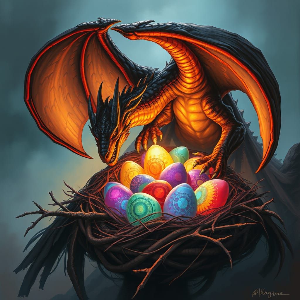 Eragon the Dragon Guards Colorful Eggs: Fantasy Illustration