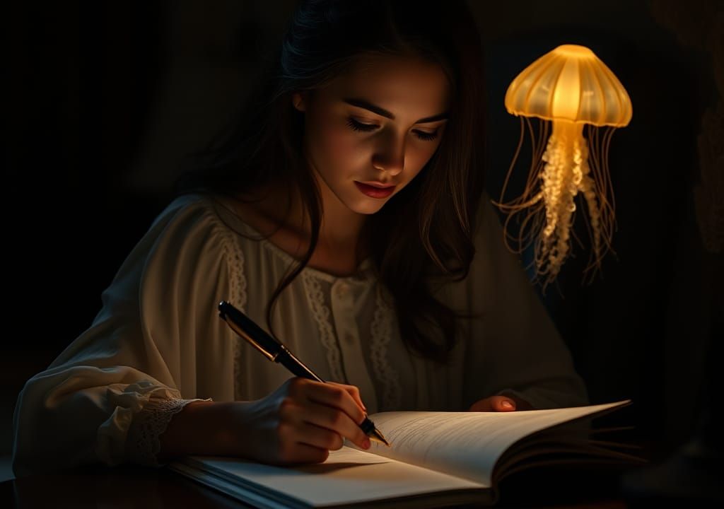 Ethereal Woman Writing Letter by Jellyfish Light