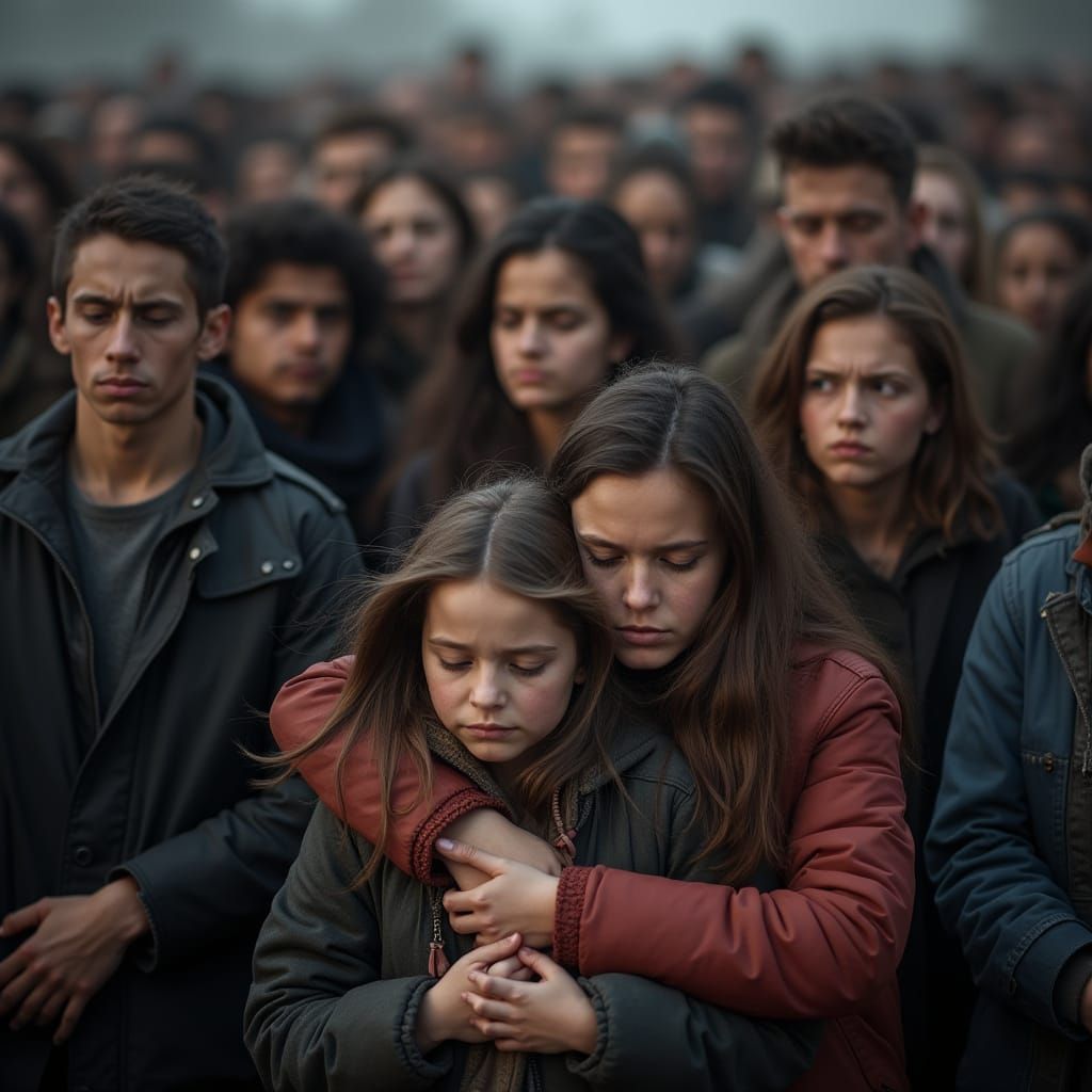 Diverse Crowd in Somber Embrace, Documentary Style