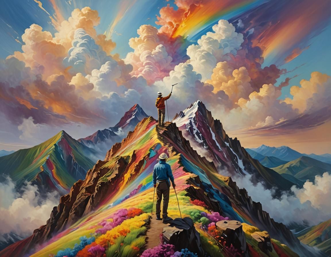 "A painter painting rainbow climbing at sky"
