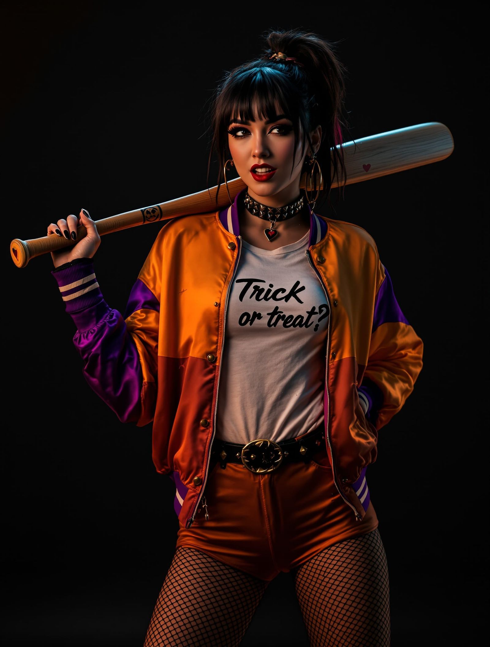 Punk-Goth Heroine in Halloween Costume with Bat