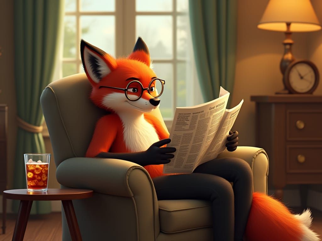 Red Fox Reading Newspaper in Armchair