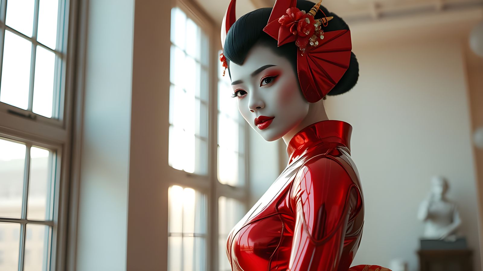 Hyper-Polished Geisha in Futuristic Red Demonsuit