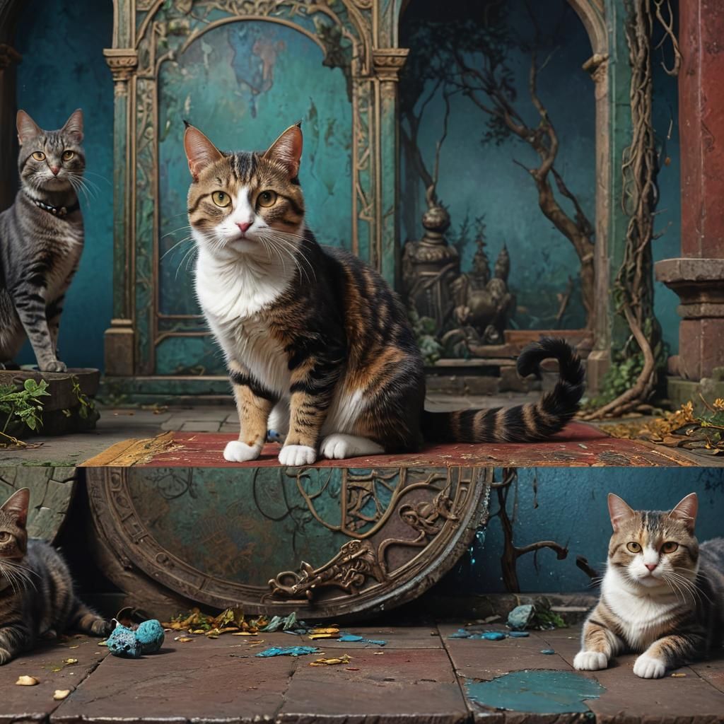 Fantastical Polyptych: Cat and Dog in Detailed Matte Paintin...