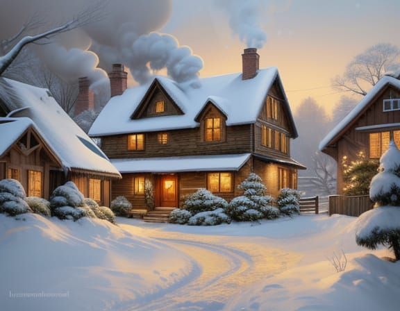 Cozy Snowy Village Scene in Whimsical Illustration Style