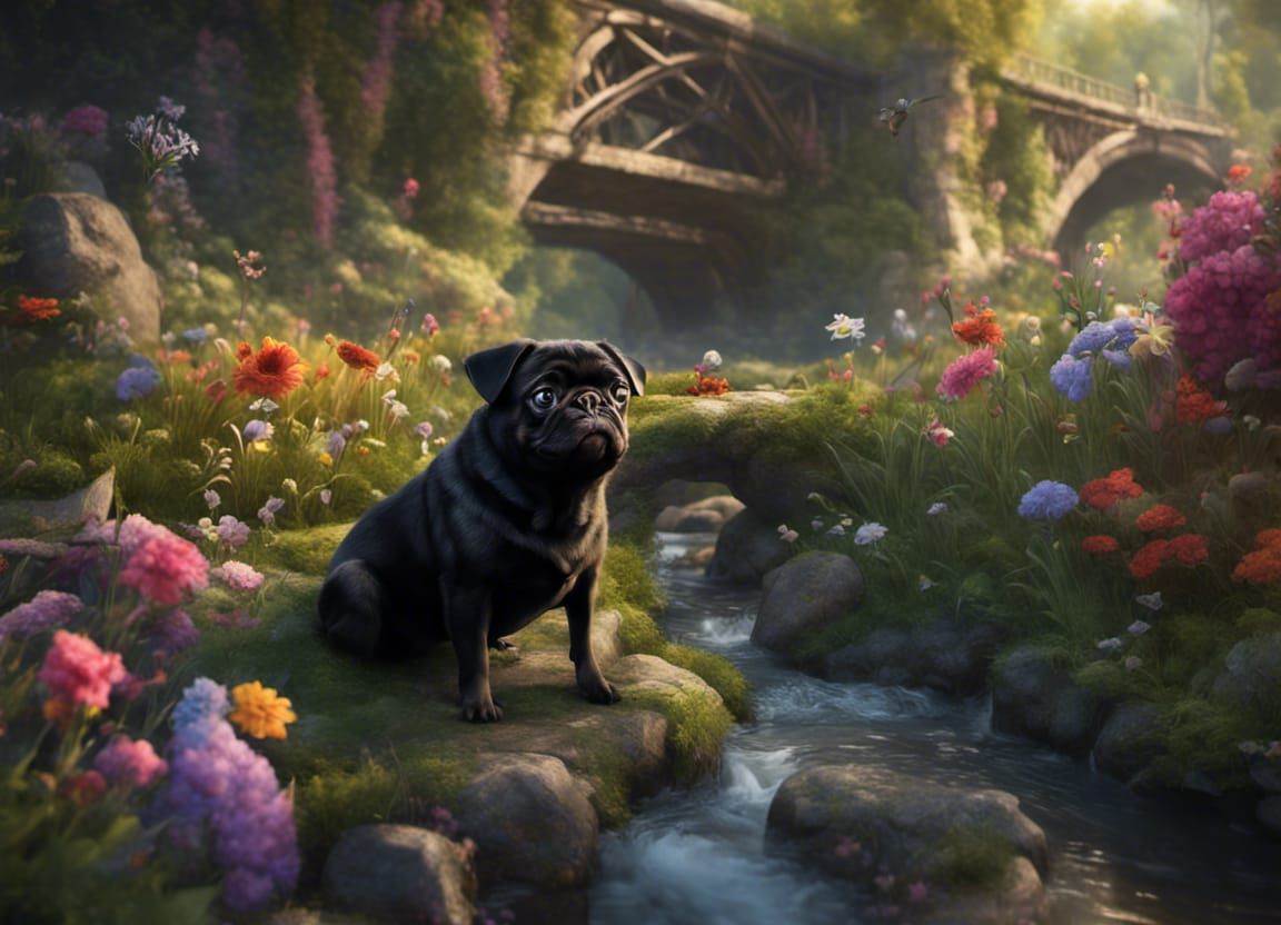 Fantastical Matte Painting of a Pug by a Stream