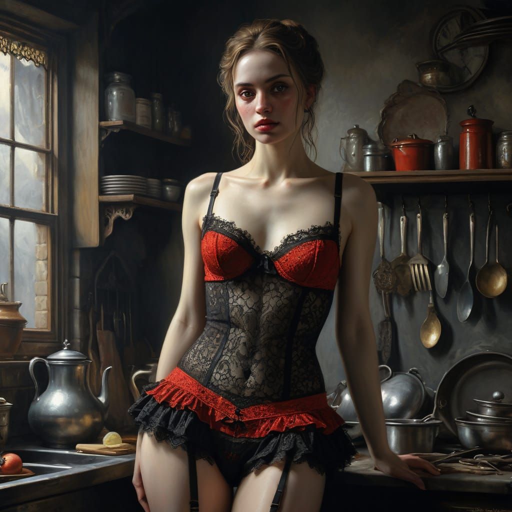 Gothic Victorian Woman in Scarlet Lingerie, Dark Fantasy Oil...