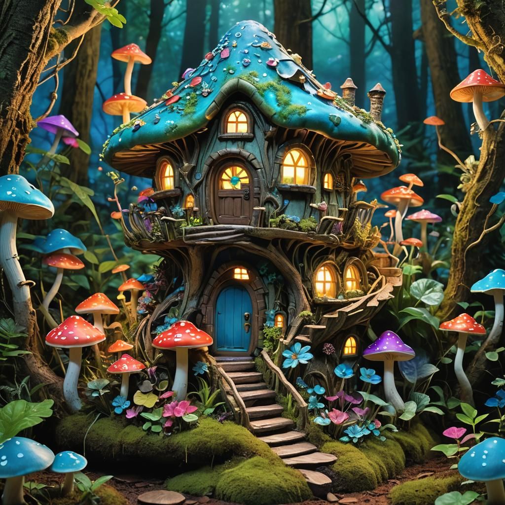Enchanted Fairy Mushroom House in Bioluminescent Forest
