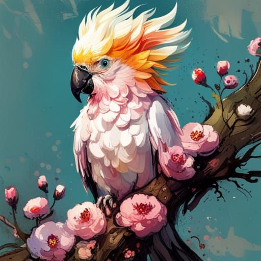 Cockatoo in Floral Tree: Polychromatic Graffiti Art