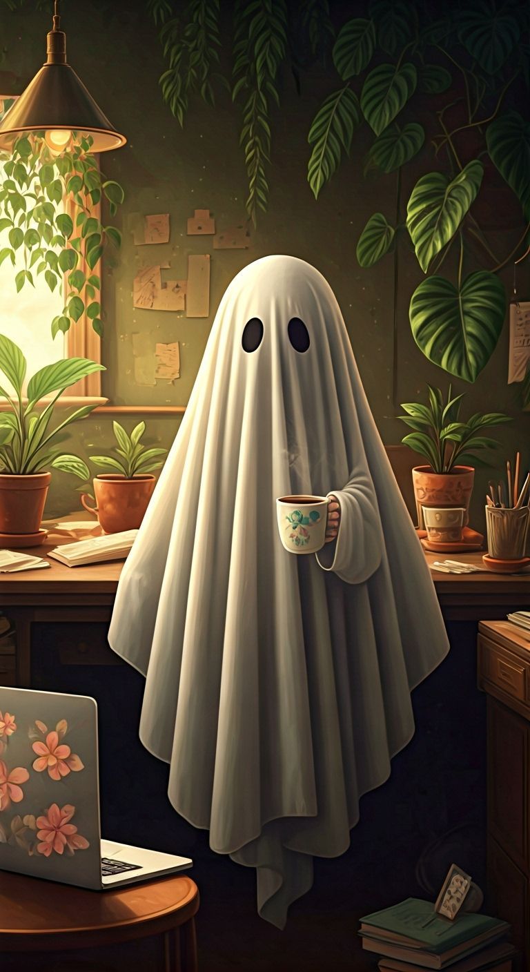 Cute Ghost Enjoys Coffee in Cozy Cluttered Office
