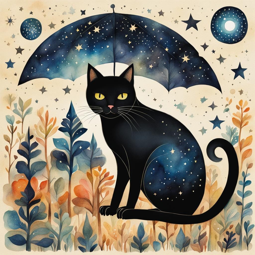 Black Cat Under Starry Sky: Whimsical Illustration