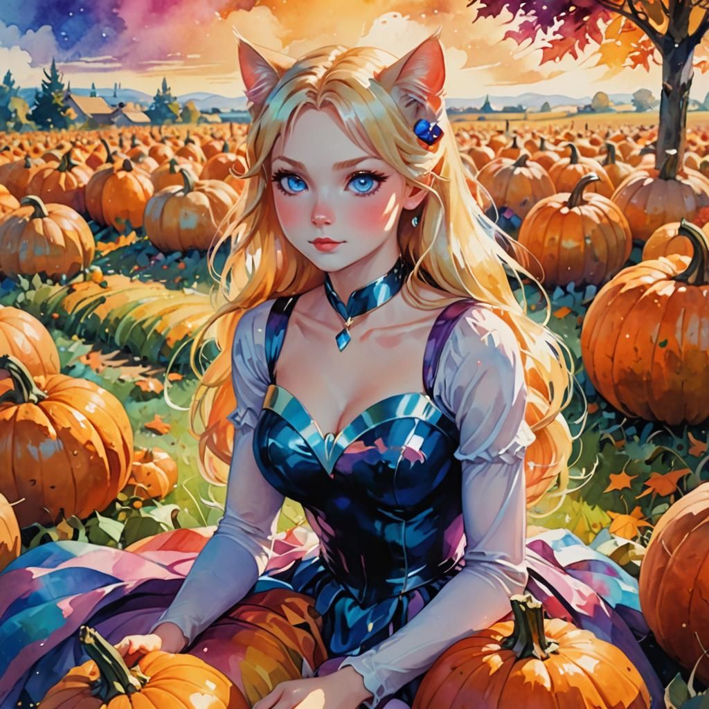 Anime Cat-Woman in Pumpkin Field, Watercolor Style